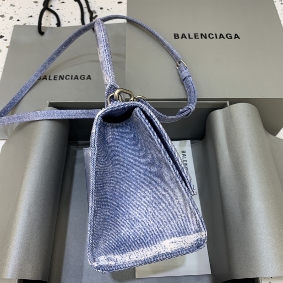 Balenciaga Hourglass Small Handbag Denim Printed Shoulder Bag Blue